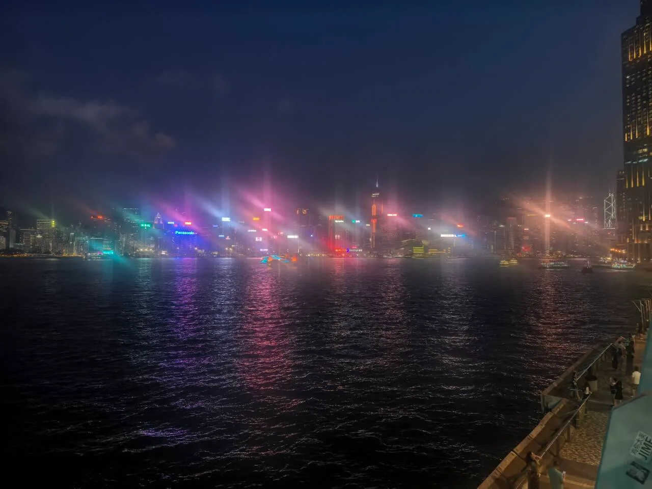 维多利亚港夜景与水面上的彩色灯光倒影